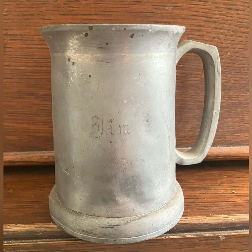 Vintage Pewter Beer Stein “Tim” or “Jim” (?) Clear Bottom